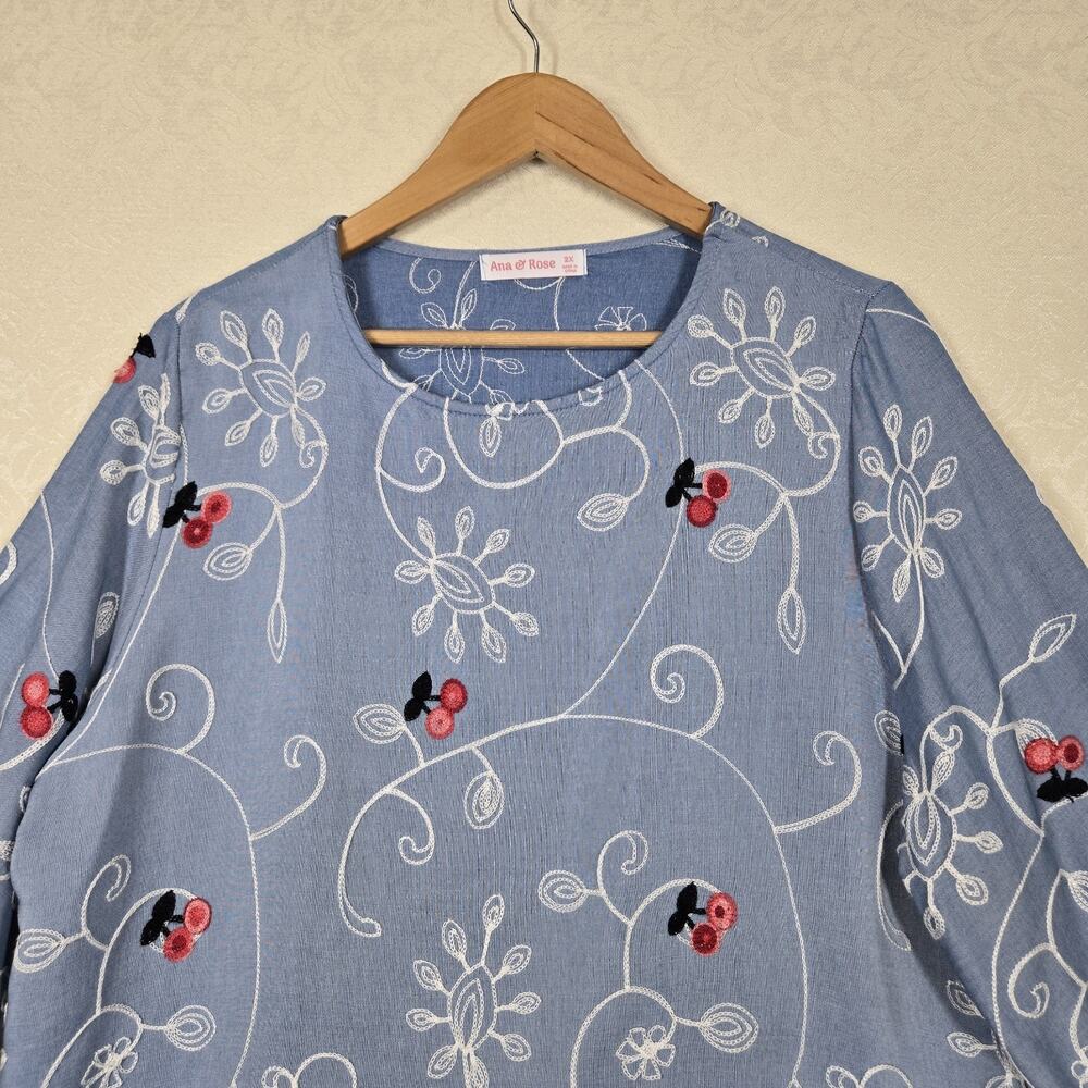 Ana & Rose Embroidered Peplum Blouse 2X Blue Cottagecore Boho Chambray Plus Size - Picture 2 of 13